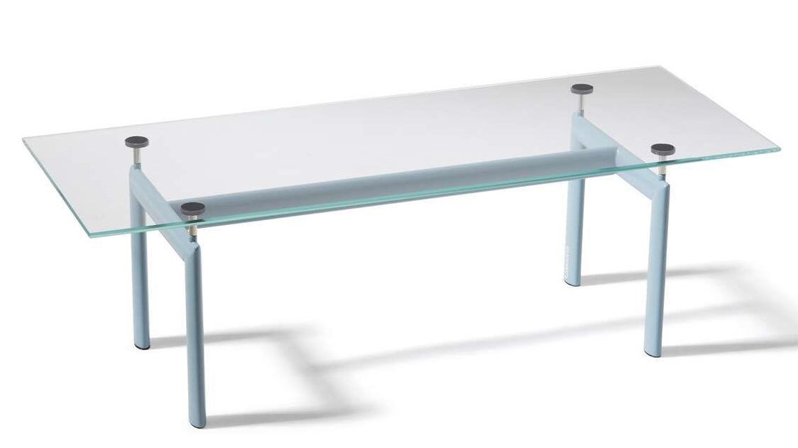 Le Miniature Table en Tube von Cassina: Miniatur-Tisch mit Glasplatte und blauem Stahlgestell.